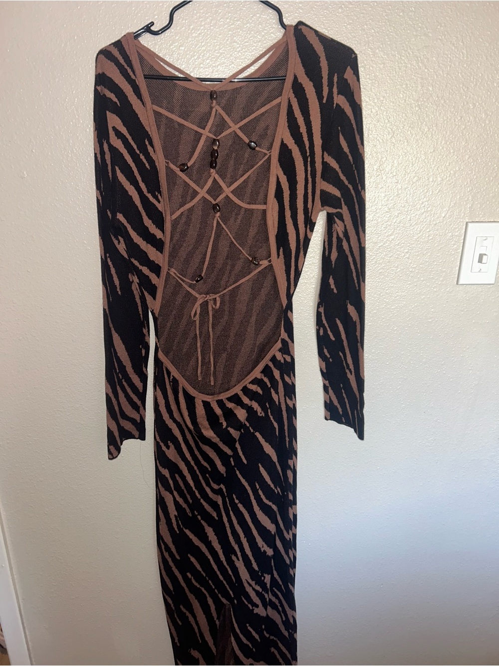 Fashion Nova Long Sleeve Zebra-Print Bodycon Dress in Brown and Black